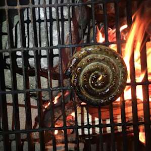 Majestic's pork sausage round with ramps grilling over the camp fire.