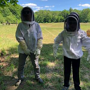 The boys in their protective gear before our hive tour