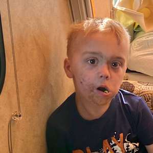After helping in the garden & feeding goats. The kid got dirty!