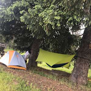 We pitched our tent and hung our sleeping hammock beneath the two grand trees on the lawn.