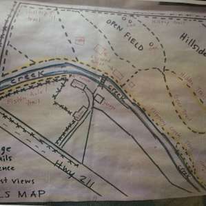 Well mowed hiking trails. Distance is about 1/4 mile from kitchen to the secluded camping spot on the East end of the property (small fire ring where we camped). Large fire ring at the main area by the creek/bridge. Creek is about 2 ft. deep and perfect kids.