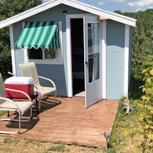 Wood cabins or tent sites.