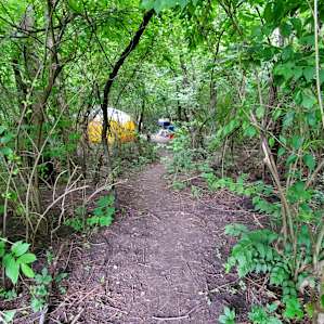 This was taken standing just inside the edge of the woods as seen from my photo with the car. This is pretty much the full length of the trail back to camp. It's set back perfectly. Just far enough to be private, but too far to carry heavy gear.