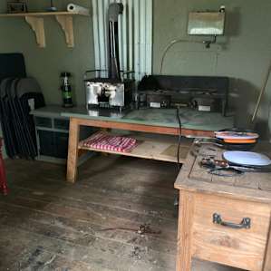 Nice kitchen set up with wooden cooler