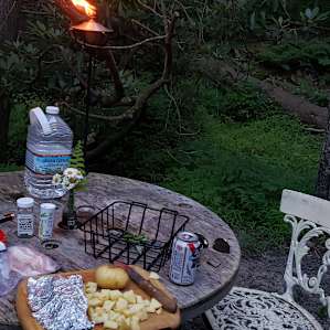 Our last evening at the cabin, complete with PBRs, campfire roasted potatoes and bacon wrapped steaks