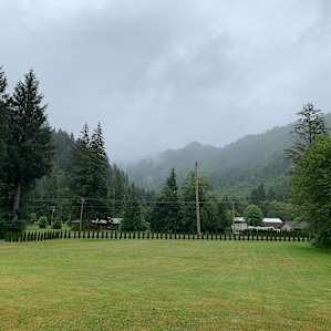 View of the yard and mountains from the site. Had some nice fog rolling in.