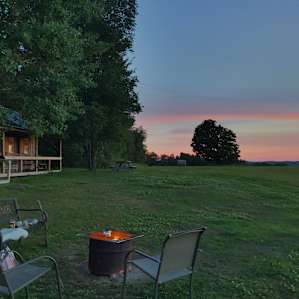 Cabin, fire pit, sunset.