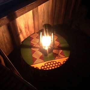 On the porch at night.