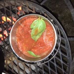 Dinner on Ed’s cooker using some stewed tomatoes from the market + fresh basil from the garden!