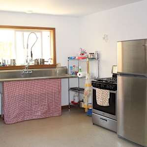 Kitchen in the barn. Everything you need to cook up a meal.