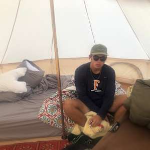 Inside bell tent on a wood deck