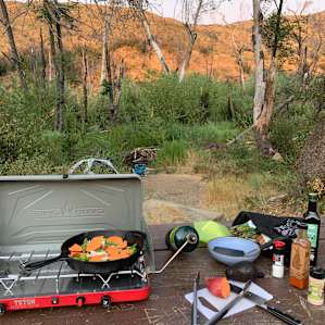 Campsite #2 - picnic table looking towards creek, tent by creek