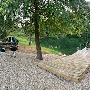 Our campsite setup near the pond on Tara and Joe’s farm!