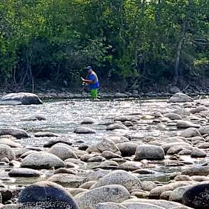 Fly fishing right at the camp sight