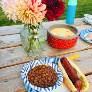 First dinner at our site with Fresh cut flowers from the garden onsite