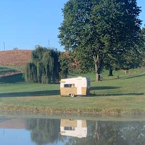 Views of woods, pond, and sunrise