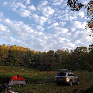 campsite in the meadow next to the lake, great pit stop on the way to canoe the Delaware