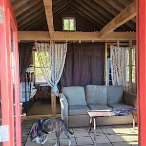 Interior of cabin from the front door, so cozy!