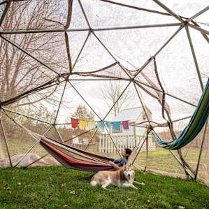 Right outside the tiny house is a unique dome with relaxing hammocks and a bug net so you can take a nap in peace!