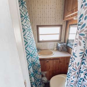 Smaller bathroom in the retro camper but enough space to do what needs to be done