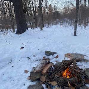Campfire in the woods, just a short walk from the off street parking area.