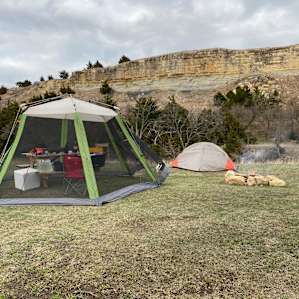 My "base camp" at site 40, The Limestone Echo. Hard to see the solid picnic table under all my junk, but it is excellent!
