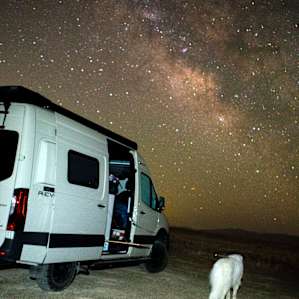 Coyotes awakened us at 3:30 am, just the right time for me to capture the Milky Way over our RV. Bear is looking for the critters.