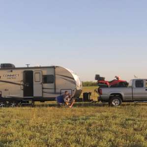 25 ft travel trailer. Come into field on angle and you'll be fine.