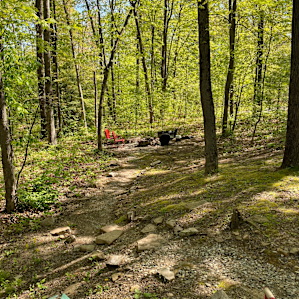 The firepit is just a few steps away from the cabin