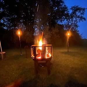 Fire pit and rented tiki torches