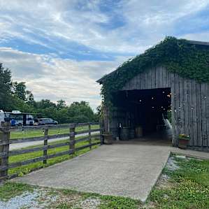 Outside the tobacco barn looking back at our rig.