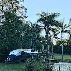 Camp site by pond