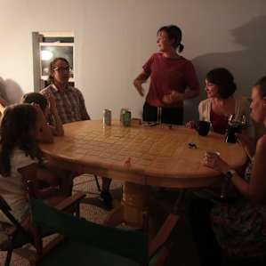 Playing games at night in the pavilion.
