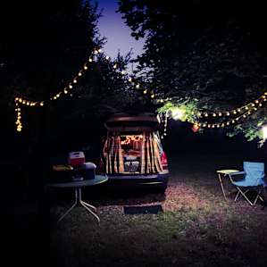 My car camping set up in Rahmana’s backyard.