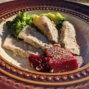 Beets, broccoli, summer squash from Mama's garden just 20 minutes down the road, and those delightful pork slices are from your host at Alluvial Farms