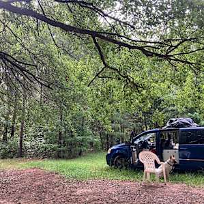 Base camp under a beautiful oak tree accompanied by the songs of birds near by.