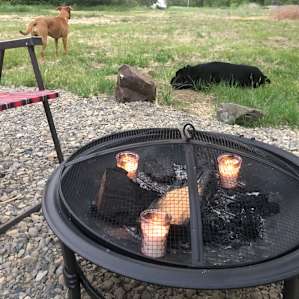 Fire pit set up. Due to the burn ban I put my candles in there instead.