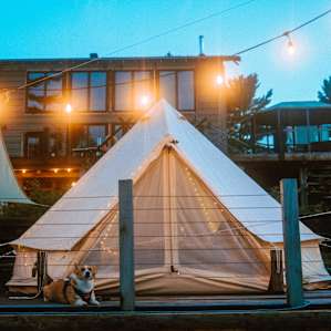 Glamping tent in the evening at Pine Falls Lodge