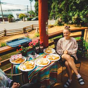 Morning breakfast on the patio overlooking the harbour.
