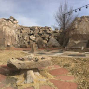 The unique quarry backyard has a hanging fire pit which we were invited to use.