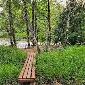 Foot bridge leading to river.