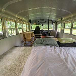 Interior of the converted School Bus. Spacious yet cozy.