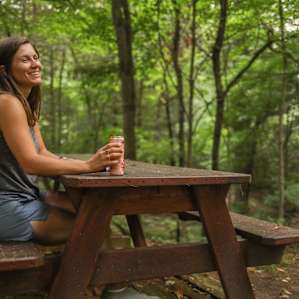 A convenient picnic table awaits your full spread.