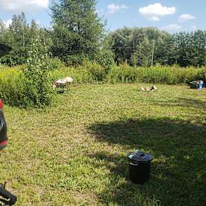 View of the first part of the site from the drive in. Lots of space for tents. You can see the late afternoon (in Aug) shade the trees provide. In the morning the tree in the middle of this pic gives some morning shade if you like to sleep in!
