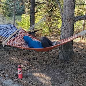 Relaxing in the provided hammocks.