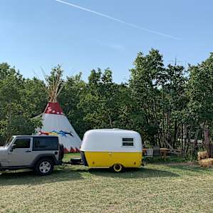 Our unique RV site with Angus (bottom right) keeping an eye on things