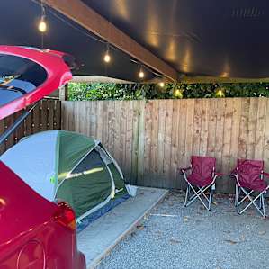 Our campsite set up - the lights make it so cozy :)