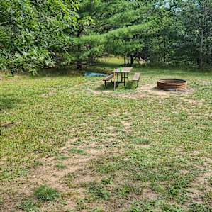 The picnic table and large fire ring.