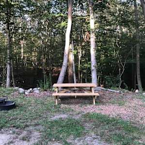 super clean picnic table and fire pit with abundant fire wood