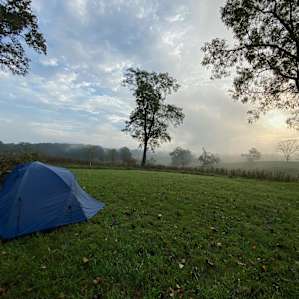 the campsite with early morning fog